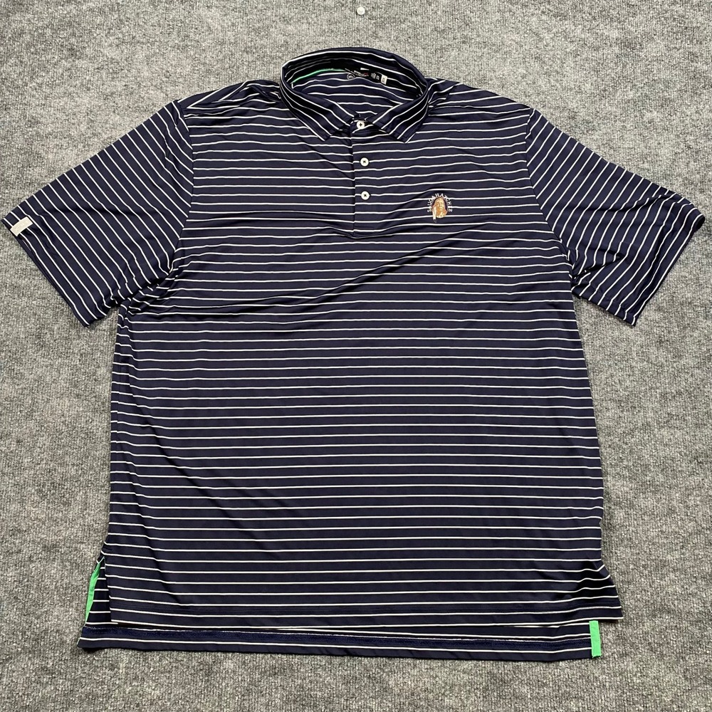 RLX‎ Ralph Lauren Mens XXL Navy Striped Wicking Golf Polo Saugahatchie Logo